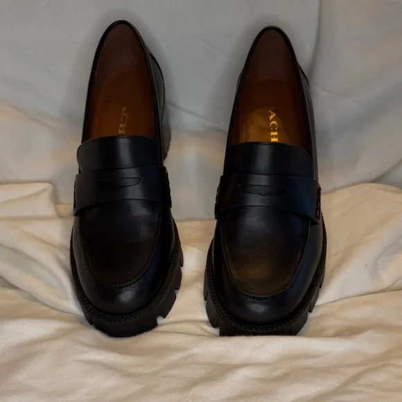 Coach Black Lug-Sole Penny Loafers with Block Heel - Picture 2 of 11